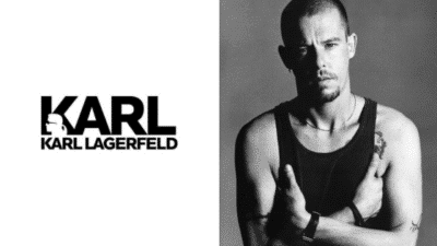 Black and white image of Karl Lagerfeld logo and a person in a tank top with arms crossed.