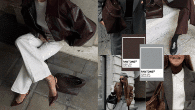 Fashion collage showcasing chic brown and white outfits, leather jacket, Pantone colors, and stylish accessories.