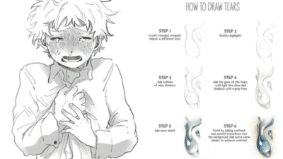 Illustration guide: How to draw tears on a crying character, featuring step-by-step tear shading techniques.