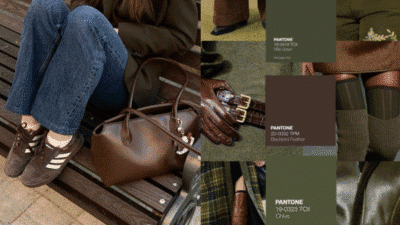Casual outfit with jeans and sneakers paired with a brown bag, complemented by Pantone color swatches for fall fashion.