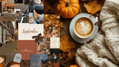Autumn collage with cozy sweater, pumpkin, latte art, and fall scenes. Embrace the warm and cozy vibes of September.