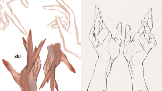 Artistic sketches of hands: colored on the left, black and white outlines on the right. Creative hand poses and gestures.