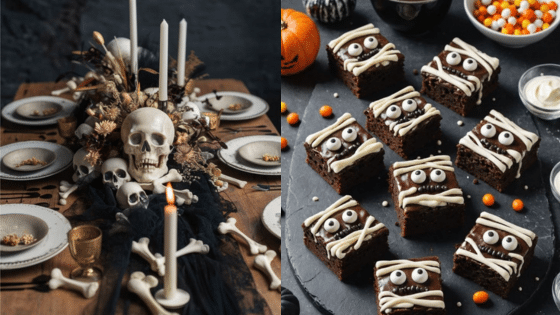 Spooky Halloween table setup with skulls and themed treats, including mummy brownies with candy eyes.