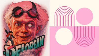 Retro poster featuring an eccentric scientist with goggles and modern geometric pink patterns.