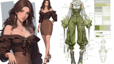 Fashion illustration featuring a brown off-shoulder dress and a separate green and gray futuristic outfit design.