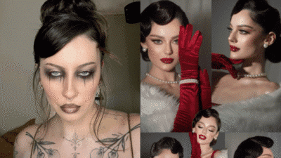 Woman with gothic and vintage glam makeup, bold red lips, and elegant styling in a collage of distinct looks.
