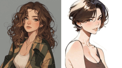 Illustrations of two stylish women, one with curly hair in plaid, the other with short hair in a tank top.