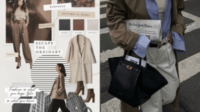Chic autumn fashion inspiration with neutral tones, trench coats, and accessories for a stylish city look.