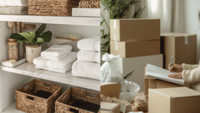 Organized shelves with towels and baskets next to boxes and a person writing notes. Efficient home organization.