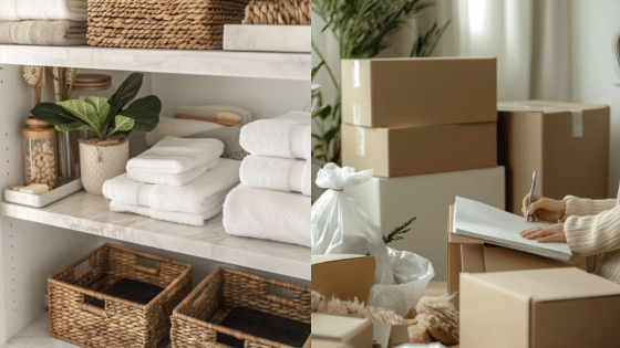 Viewing Deck Blog копия 5 Organized shelves with towels and baskets next to boxes and a person writing notes. Efficient home organization. | Sky Rye Design Organized shelves with towels and baskets next to boxes and a person writing notes. Efficient home organization.