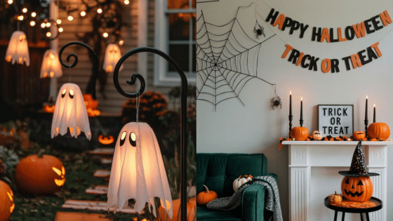 Viewing Deck Blog копия 6 Spooky Halloween decorations with glowing ghost lights, pumpkins, and festive banners in a cozy setting. | Sky Rye Design Spooky Halloween decorations with glowing ghost lights, pumpkins, and festive banners in a cozy setting.