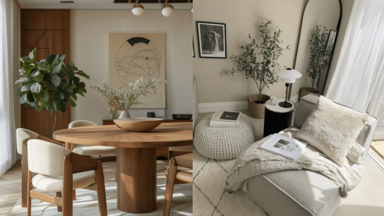 Viewing Deck Blog копия 6 Modern dining and living room with wooden table, cozy seating, neutral colors, and plants for a serene ambiance. | Sky Rye Design Modern dining and living room with wooden table, cozy seating, neutral colors, and plants for a serene ambiance.