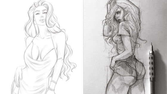 Viewing Deck Blog копия 7 Two detailed sketches of a confident woman with long hair, showcasing different poses and expressions. | Sky Rye Design Two detailed sketches of a confident woman with long hair, showcasing different poses and expressions.