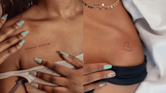 Viewing Deck Blog копия 7 Two women showing minimalist tattoos: one with text on collarbone, the other with a heart outline on shoulder. | Sky Rye Design Two women showing minimalist tattoos: one with text on collarbone, the other with a heart outline on shoulder.
