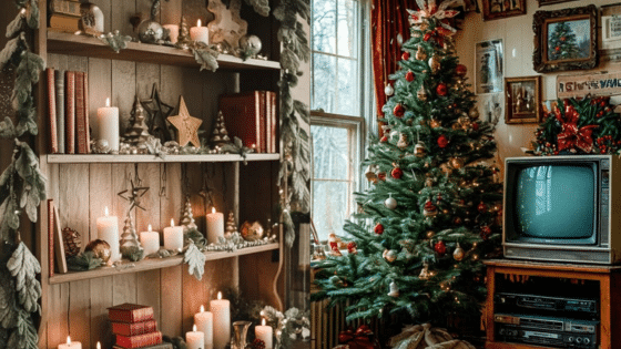 Viewing Deck Blog копия 8 Cozy Christmas scene with decorated tree, vintage TV, candles, and holiday ornaments, evoking a warm festive ambiance. | Sky Rye Design Cozy Christmas scene with decorated tree, vintage TV, candles, and holiday ornaments, evoking a warm festive ambiance.
