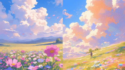 Vibrant floral field under a dramatic sky with fluffy clouds, featuring a lone figure enjoying the serene landscape.