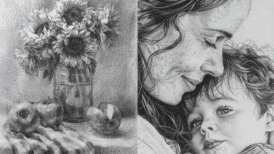 Pencil drawings: vase with sunflowers and apples; woman lovingly embracing a young child.