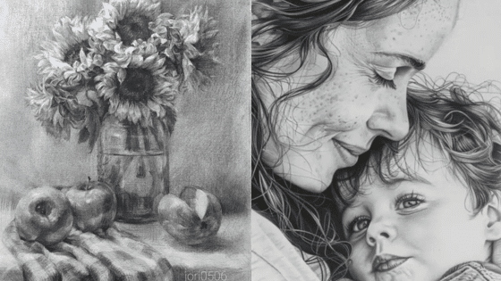 Viewing Deck Blog копия 8 Pencil drawings: vase with sunflowers and apples; woman lovingly embracing a young child. | Sky Rye Design Pencil drawings: vase with sunflowers and apples; woman lovingly embracing a young child.