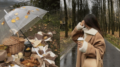 Autumn picnic with croissants and umbrella; woman in warm coat walking through park with coffee.