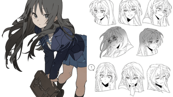 Viewing Deck Blog копия 9 Anime girl with long hair holding a bag, alongside facial expression sketches. | Sky Rye Design Anime girl with long hair holding a bag, alongside facial expression sketches.
