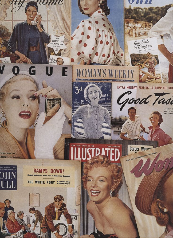 Vintage magazine covers collage featuring iconic fashion and lifestyle themes from mid-20th century.