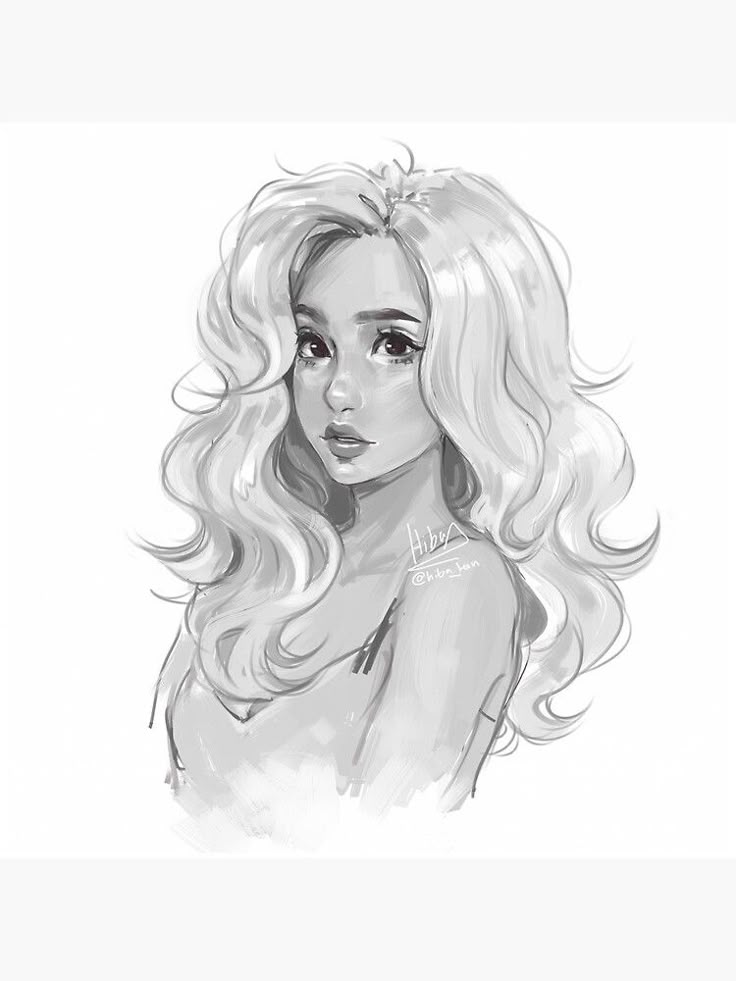 Black and white illustration of a woman with voluminous hair, gazing forward, drawn by Hiba_kun.