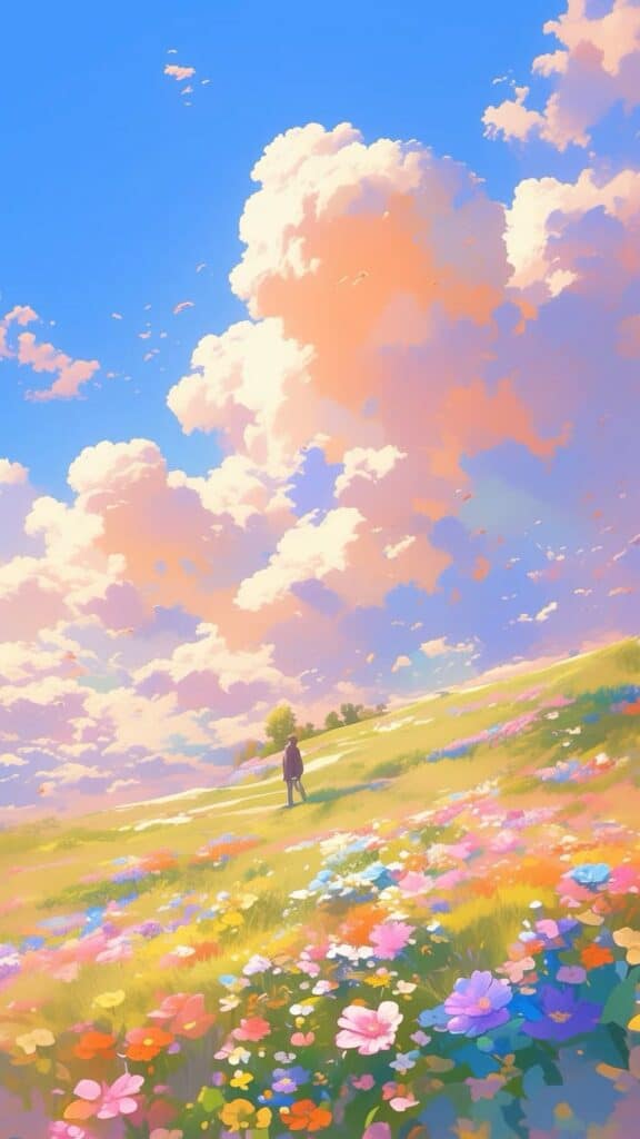 A person stands in a vibrant flower field under a bright blue sky with fluffy clouds, embodying serenity and nature's beauty.