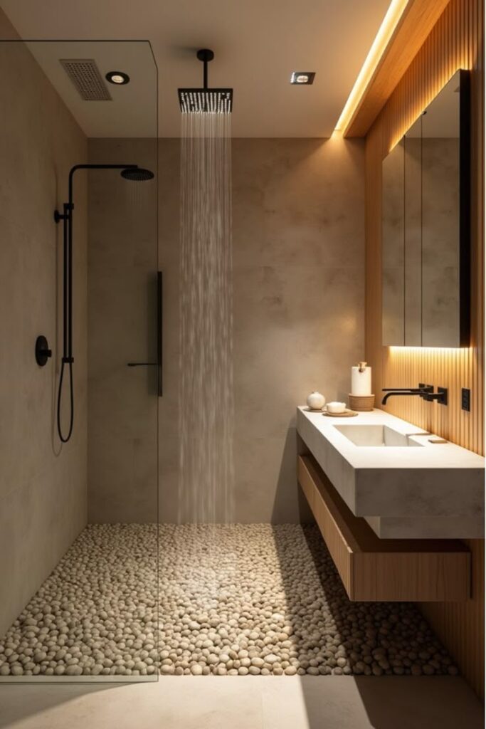 Modern bathroom with rain shower, stone floor, and minimalistic sink vanity.