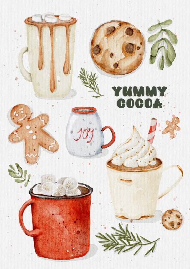 Watercolor illustration of hot cocoa, cookies, and gingerbread, with “Yummy Cocoa” in festive holiday theme.