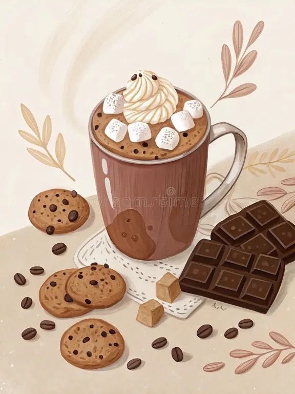 Illustrated mug of hot chocolate with marshmallows, surrounded by cookies, chocolate, and coffee beans.