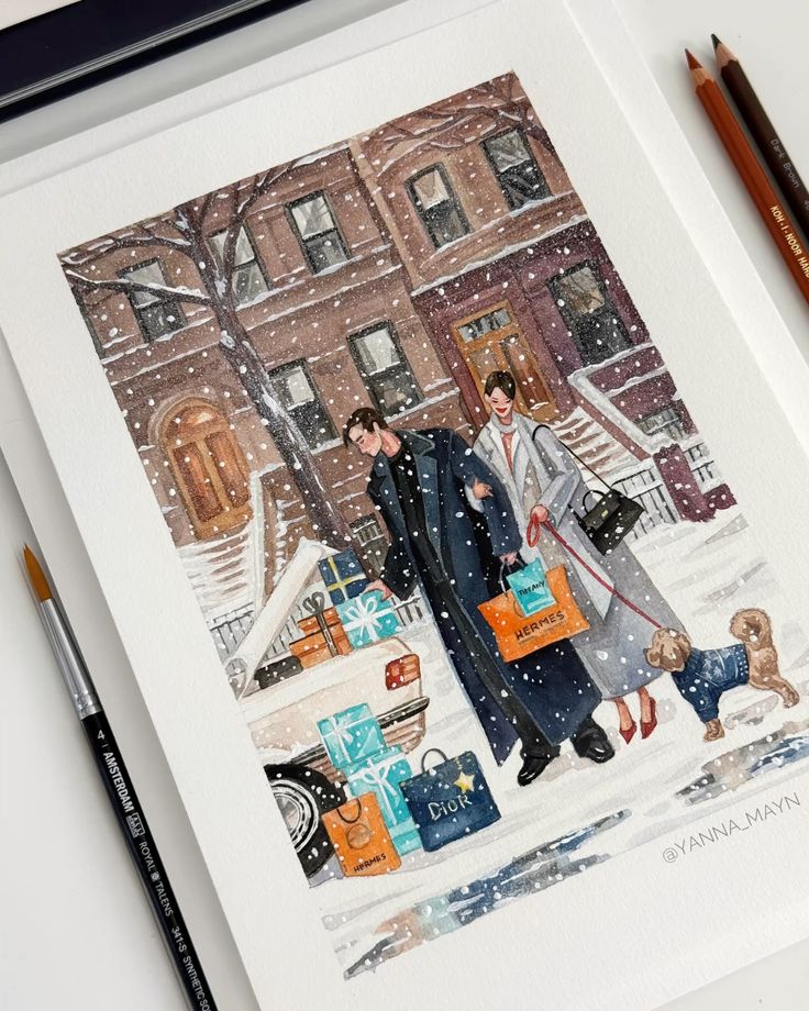 Illustration of a stylish couple with shopping bags and a dog walking in a snowy urban setting with brownstone buildings.