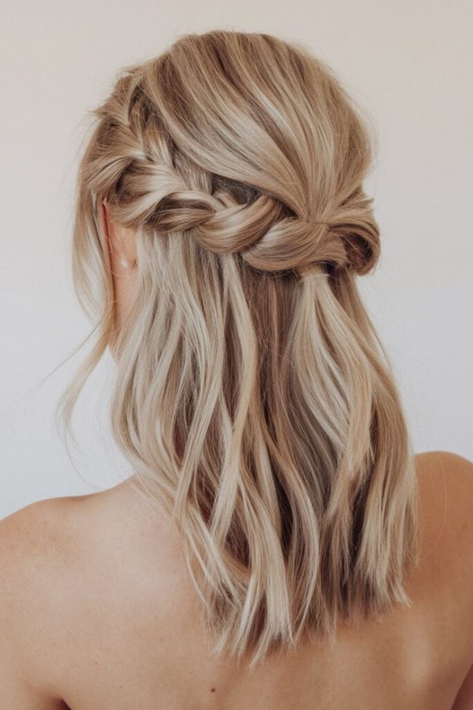 Blonde hair styled in a half-up twisted braid, showcasing elegant and effortless waves for a chic look.