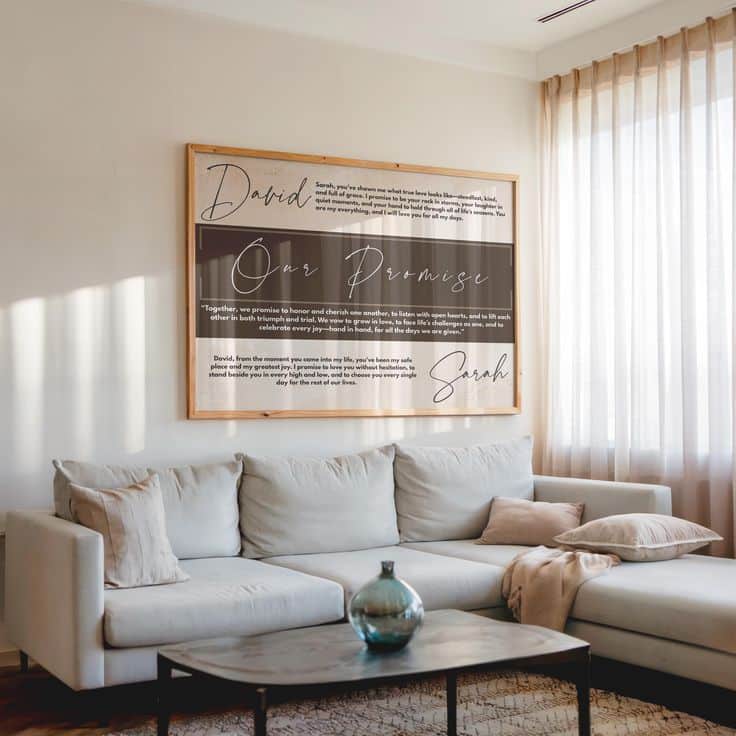 Wedding Vows Art Canva Template Custom His Hers Anniversary Print Marriage Quote SVG PNG PDF Mr _ Mrs Wall Art Instant Download Cozy living room with white sofa, modern decor, and large framed promise quote hanging on the wall. | Sky Rye Design Cozy living room with white sofa, modern decor, and large framed promise quote hanging on the wall.