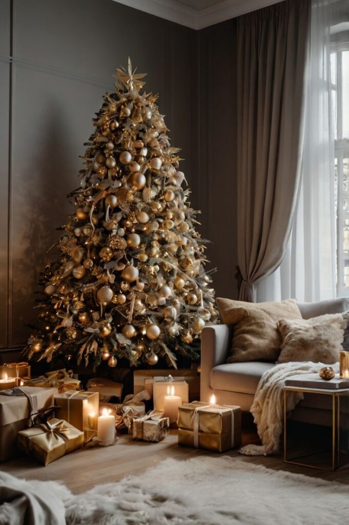 Elegant Christmas tree with gold ornaments and gifts beside a cozy sofa, creating a festive living room atmosphere.