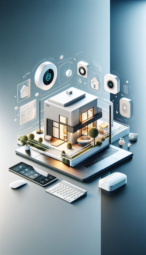Futuristic smart home technology concept with virtual controls and connected devices on a laptop and smartphone.