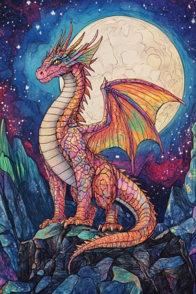 Colorful dragon perched on rocks under a full moon, surrounded by a starry night sky. Fantasy illustration.