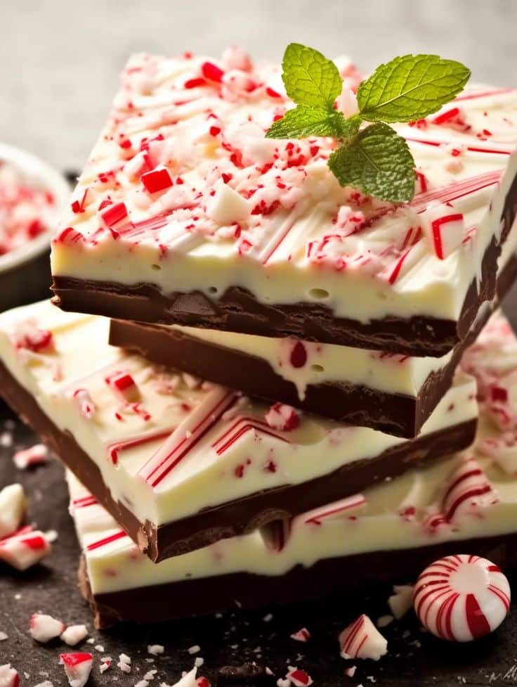 Stacked peppermint bark with chocolate layers and mint garnish, ideal for festive dessert inspiration.