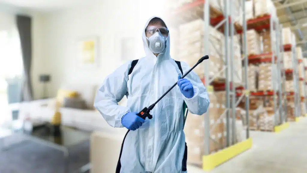 Person in protective gear sanitizing indoor area with spray equipment.