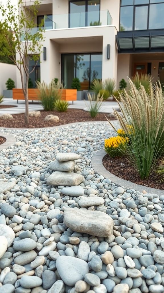 Modern home with landscaped rock garden, grasses, and a small tree, enhancing curb appeal and contemporary design.