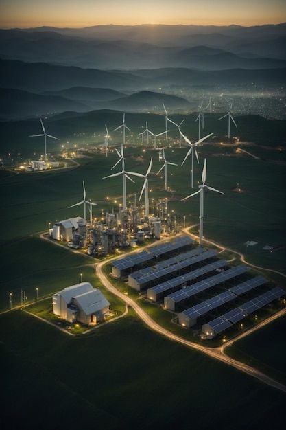Aerial view of a renewable energy farm with wind turbines and solar panels at sunset, surrounded by rolling hills.
