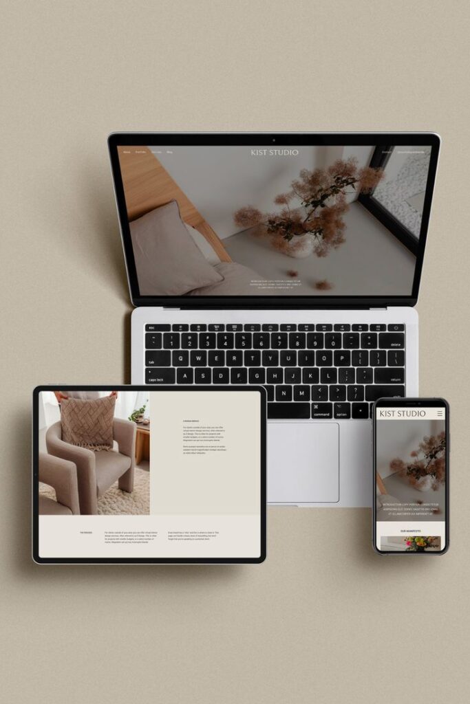 Laptop, tablet, and smartphone displaying interior design website Kist Studio on neutral background.