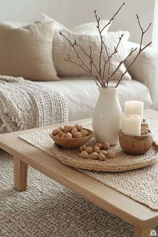 Neutral-toned living room with wooden coffee table, dried branch decor, walnuts, and candles on a woven mat. Cozy ambiance.