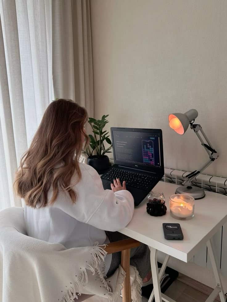 Woman working on a laptop at home desk with plant, lamp, and candles for a cozy workspace environment.