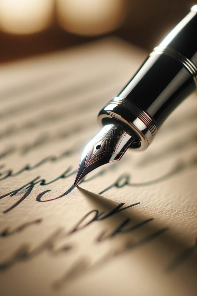 Fountain pen writing on elegant paper, showcasing smooth ink flow and refined calligraphy for a classic writing experience.