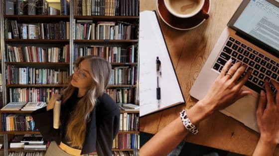 Writing with AI tools Person with book in library and hands typing on laptop with coffee on a wooden desk, blending study and work. | Sky Rye Design Person with book in library and hands typing on laptop with coffee on a wooden desk, blending study and work.