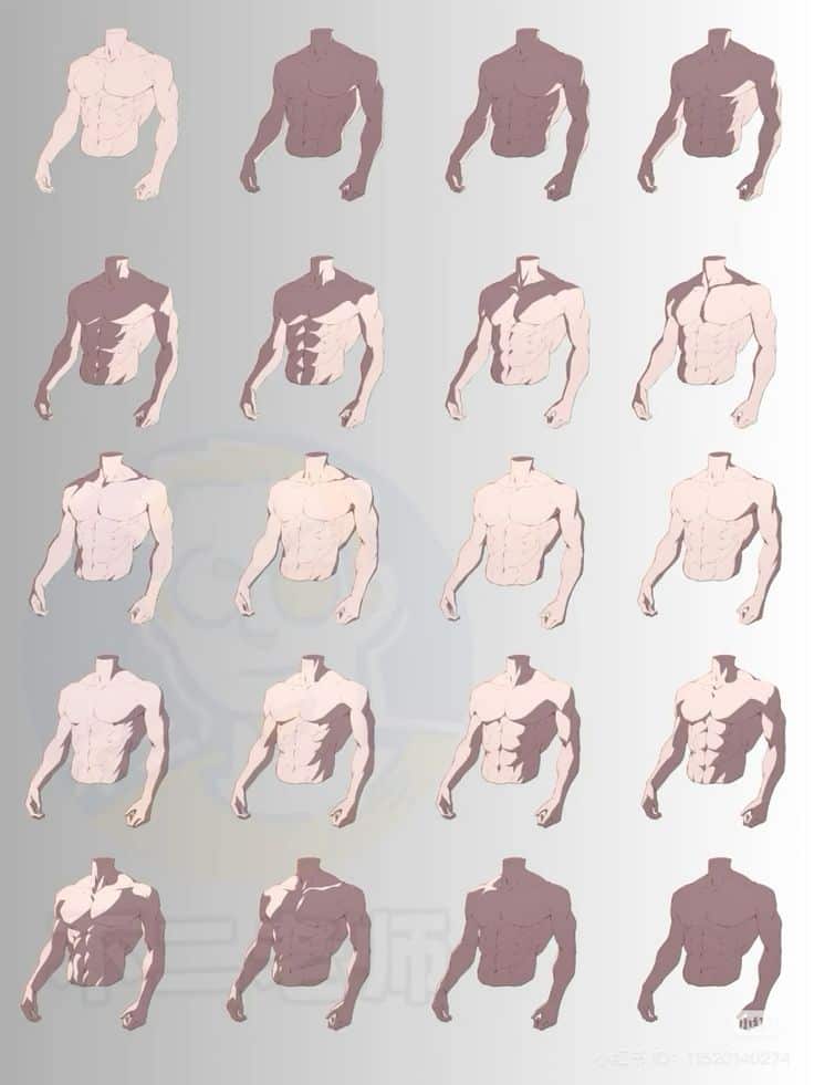 Illustration of various male torso sketches showing different muscular builds in anime art style, 20 variations depicted.