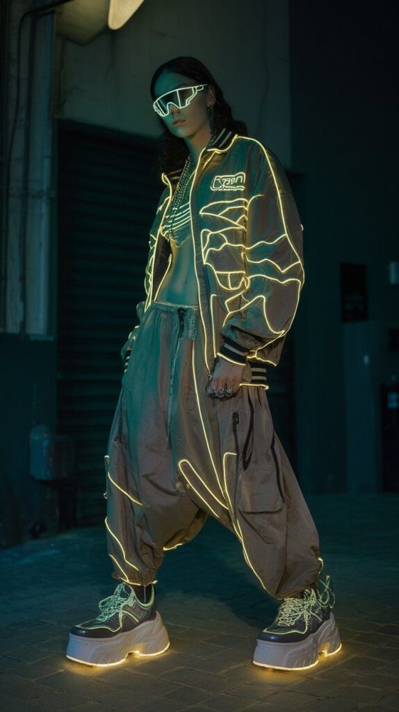 Y2K Fashion Hijab Revive 2000s Style with Chic Modest Outfit Ideas for a Trendy Look Futuristic fashion: person in neon-lined outfit and glowing sneakers in urban night setting. | Sky Rye Design Futuristic fashion: person in neon-lined outfit and glowing sneakers in urban night setting.