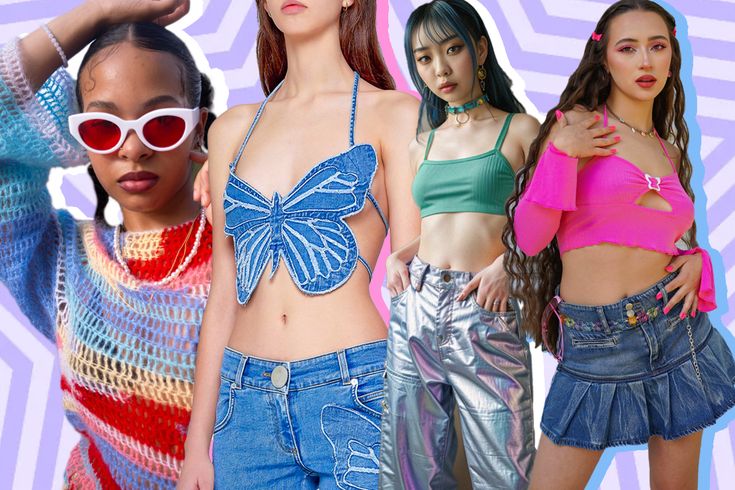 Colorful fashion collage featuring trendy tops and skirts with bold patterns on a geometric background.