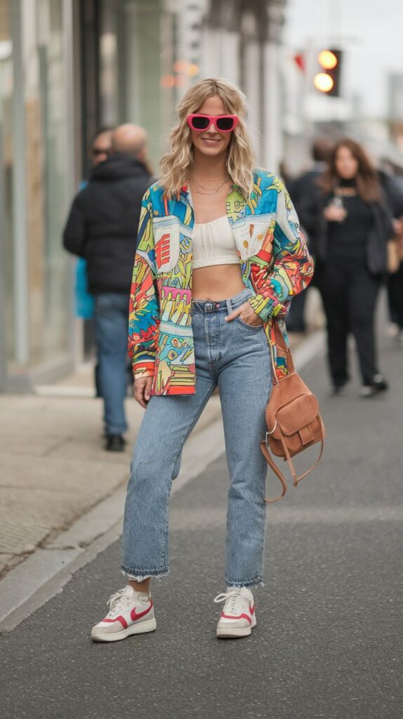 Fashion-forward woman in colorful shirt, jeans, and pink sunglasses walking confidently on the street.
