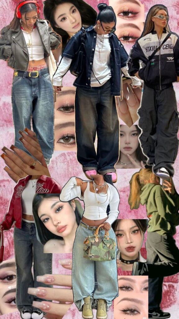Collage of trendy streetwear fashion, featuring wide-leg jeans, stylish jackets, and various makeup looks.